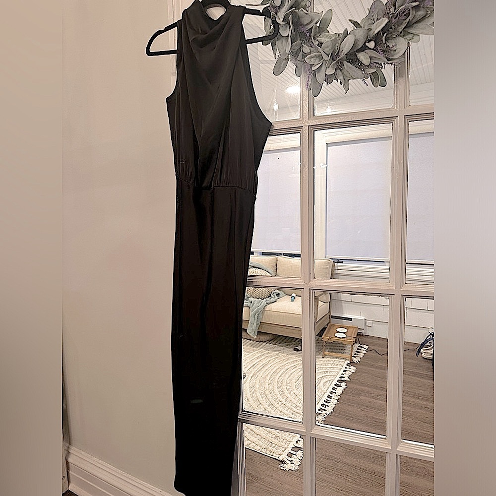 BTFBM Black Satin, Maxi Cocktail Dress, high-neck, Size:M, NWT w. extra button - Picture 7 of 10